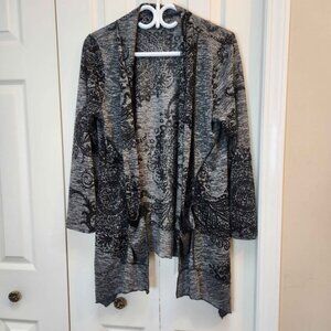 [L] Cativa elegant long open‎ top grey & black print women's large